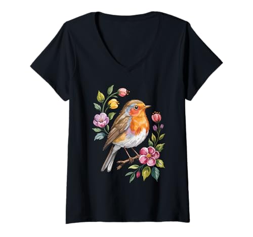 Damen Niedliche Vogelgrafik zur Vogelbeobachtung Rotkehlchen mit Blumen Natur T-Shirt mit V-Ausschnitt Damen Niedliche Vogelgrafik zur Vogelbeobachtung Rotkehlchen mit Blumen Natur T-Shirt mit V-Ausschnitt von Funny Bird enthusiast Graphic