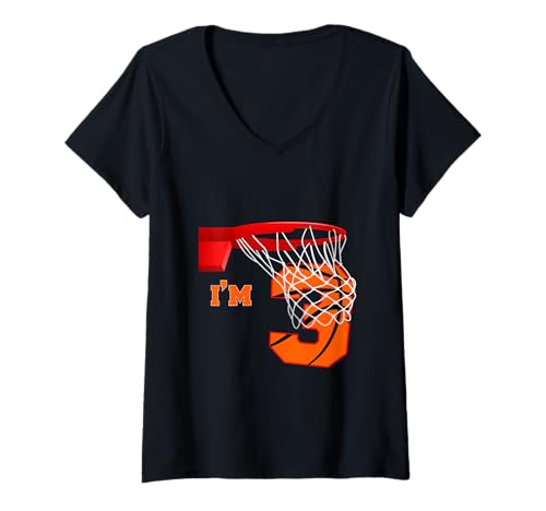 Damen I'm 3 Basketball Birthday Boy and Girl 3 year old Birthday T-Shirt mit V-Ausschnitt von Funny Birthday Basketball Apparels