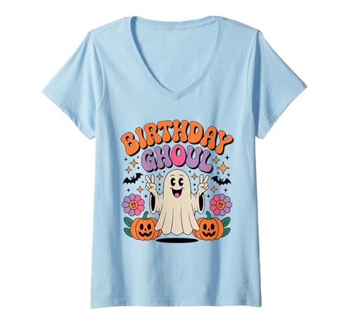 Damen Lustiger Geburtstag Ghoul Floral Cute Ghost Halloween Geburtstag T-Shirt mit V-Ausschnitt Damen Lustiger Geburtstag Ghoul Floral Cute Ghost Halloween Geburtstag T-Shirt mit V-Ausschnitt von Funny Birthday Ghost Halloween Costume Gifts Idea