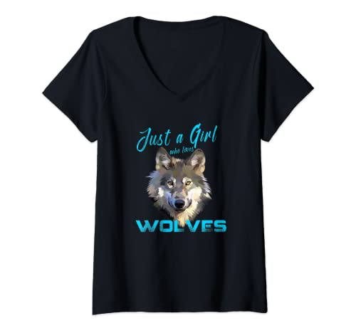 Damen A Girl Who Loves Wolves Cute Wolf Tier Geschenk Mädchen Frauen T-Shirt mit V-Ausschnitt von Funny Birthday Gift for Girls Co.