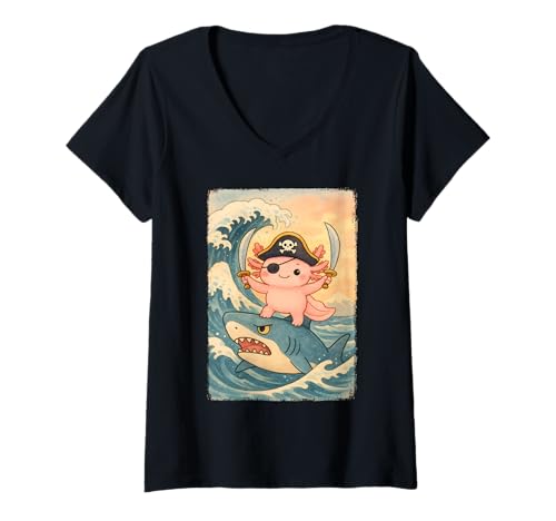 Damen Kawaii Pirat Axolotl Reithai Retro Japanisch Anime Kinder T-Shirt mit V-Ausschnitt Damen Kawaii Pirat Axolotl Reithai Retro Japanisch Anime Kinder T-Shirt mit V-Ausschnitt von Funny Birthday Halloween Cute Axolotl Lovers Kids