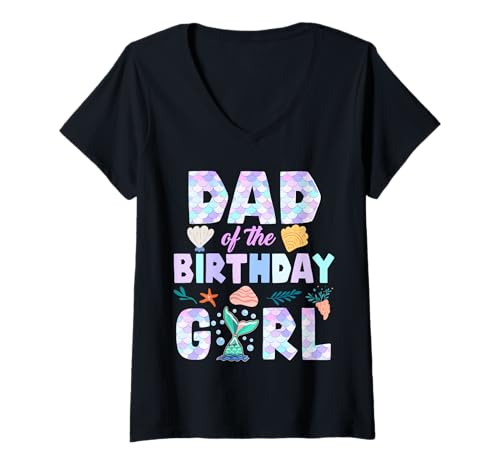 Damen Papa vom Geburtstag, Meerjungfrau, Mädchen, Familie, passende Party, Daddy T-Shirt mit V-Ausschnitt Damen Papa vom Geburtstag, Meerjungfrau, Mädchen, Familie, passende Party, Daddy T-Shirt mit V-Ausschnitt von Funny Birthday Mermaid Family Matching Party Squad