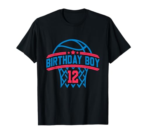 12 Years Old Birthday Boy Basketball Rot und Blau T-Shirt von Funny Birthday Party Baller Basketball Apparel