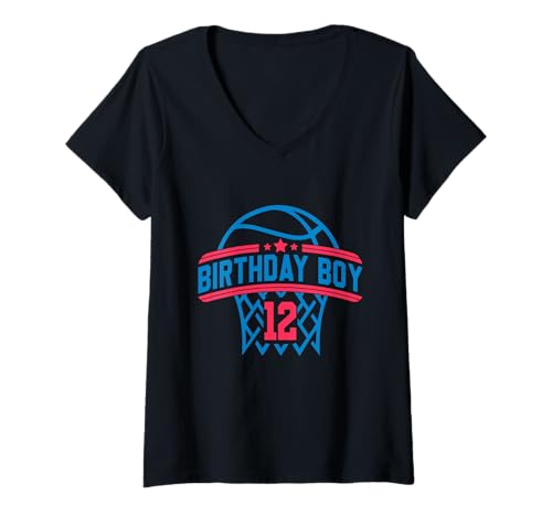 Damen 12 Years Old Birthday Boy Basketball Rot und Blau T-Shirt mit V-Ausschnitt von Funny Birthday Party Baller Basketball Apparel