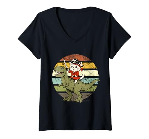 Damen Retro Pirat süße Katze reitet Dinosaurier T-Rex Halloween Party T-Shirt mit V-Ausschnitt Damen Retro Pirat süße Katze reitet Dinosaurier T-Rex Halloween Party T-Shirt mit V-Ausschnitt von Funny Birthday Pirate Crew Matching Costume Kids