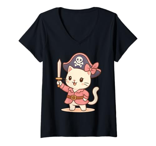 Damen Kawaii Katze Pirat Prinzessin Niedliches Halloween Kostüm Kinder Mädchen T-Shirt mit V-Ausschnitt Damen Kawaii Katze Pirat Prinzessin Niedliches Halloween Kostüm Kinder Mädchen T-Shirt mit V-Ausschnitt von Funny Birthday Pirate Party Adorable Cat Lover