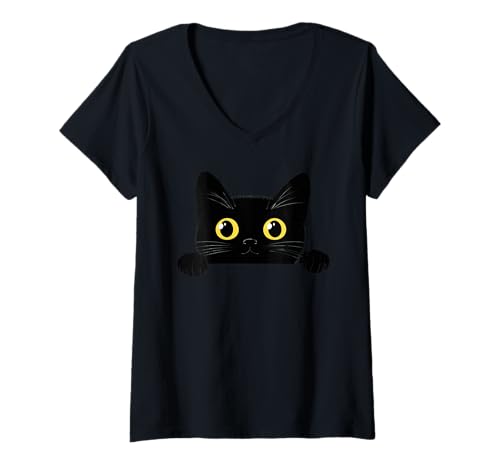 Damen Funny Black Cat Peaking T-Shirt mit V-Ausschnitt Damen Funny Black Cat Peaking T-Shirt mit V-Ausschnitt von Funny Black Cat Graphic Apparel