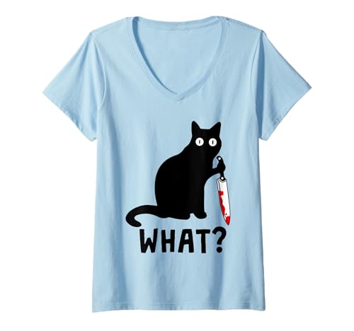 Damen Was? Mörderische schwarze Katze hält ein Messer lustige Grafik T-Shirt mit V-Ausschnitt Damen Was? Mörderische schwarze Katze hält ein Messer lustige Grafik T-Shirt mit V-Ausschnitt von Funny Black Cat Lover Cool Horror Graphic Designs