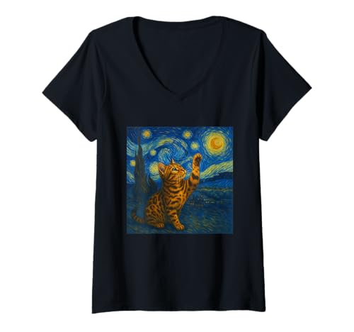 Damen Sternennacht Katze Van Gogh Geschenk Bengalkatze Katzen Mama T-Shirt mit V-Ausschnitt von Funny Black Cat Starry Night Van Gogh Cat Lovers