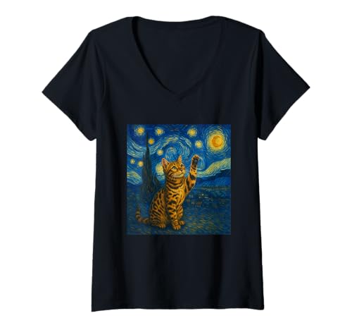 Damen Sternennacht Katze Van Gogh Geschenk Bengalkatze Katzen Mama T-Shirt mit V-Ausschnitt von Funny Black Cat Starry Night Van Gogh Cat Lovers