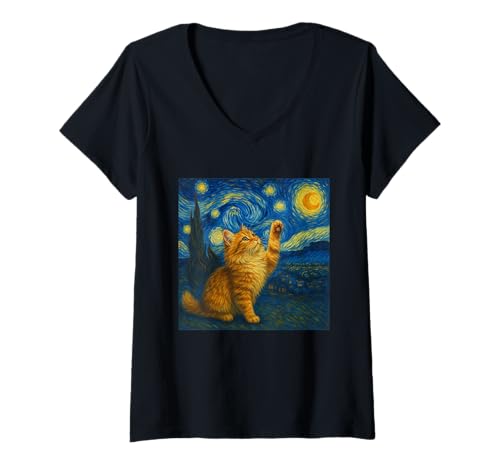 Damen Sternennacht Katze Van Gogh Geschenk Maine Coon Katzen Mama T-Shirt mit V-Ausschnitt von Funny Black Cat Starry Night Van Gogh Cat Lovers