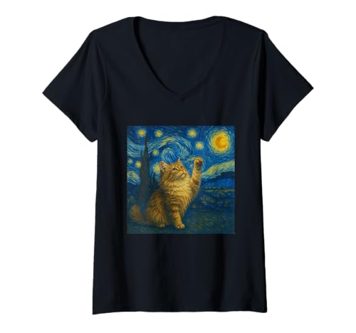Damen Sternennacht Katze Van Gogh Geschenk Maine Coon Katzen Mama T-Shirt mit V-Ausschnitt von Funny Black Cat Starry Night Van Gogh Cat Lovers