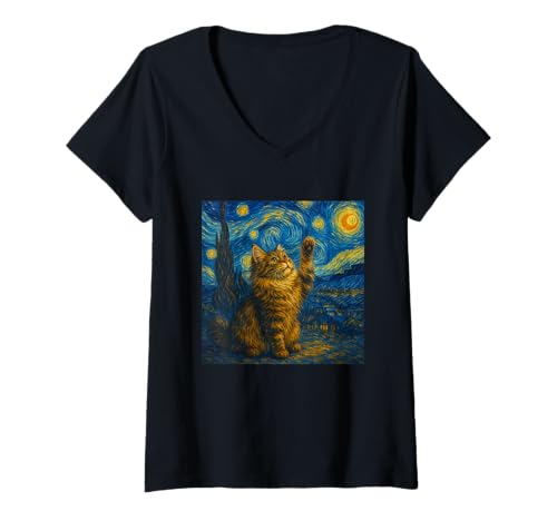 Damen Sternennacht Katze Van Gogh Geschenk Perserkatze Katzen Mama T-Shirt mit V-Ausschnitt von Funny Black Cat Starry Night Van Gogh Cat Lovers