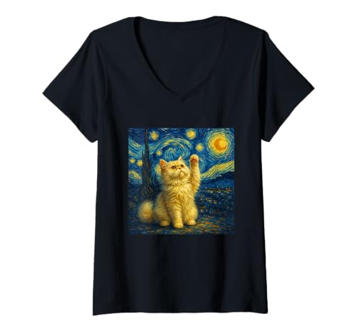 Damen Sternennacht Katze Van Gogh Geschenk Perserkatze Katzen Mama T-Shirt mit V-Ausschnitt von Funny Black Cat Starry Night Van Gogh Cat Lovers