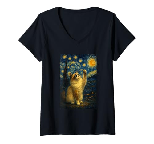 Damen Sternennacht Katze Van Gogh Geschenk Ragdoll Katzen Mama T-Shirt mit V-Ausschnitt von Funny Black Cat Starry Night Van Gogh Cat Lovers