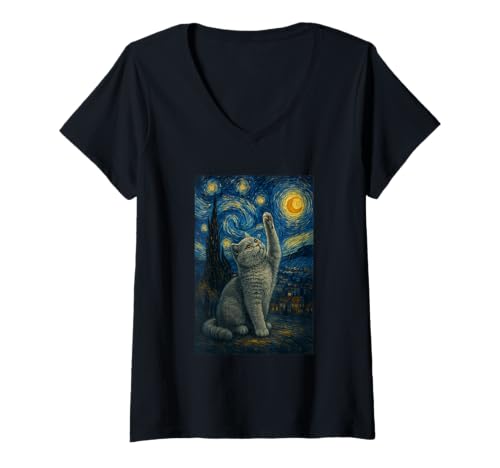 Damen Sternennacht Katze Van Gogh Geschenk Scottish Fold Mama T-Shirt mit V-Ausschnitt von Funny Black Cat Starry Night Van Gogh Cat Lovers