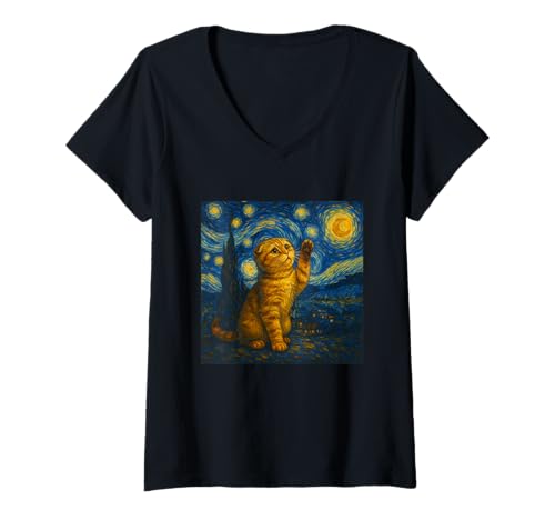 Damen Sternennacht Katze Van Gogh Geschenk Scottish Fold Mama T-Shirt mit V-Ausschnitt von Funny Black Cat Starry Night Van Gogh Cat Lovers