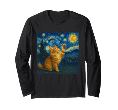 Sternennacht Katze Van Gogh Geschenk Maine Coon Katzen Mama Langarmshirt von Funny Black Cat Starry Night Van Gogh Cat Lovers