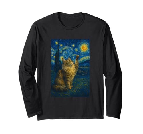 Sternennacht Katze Van Gogh Geschenk Maine Coon Katzen Mama Langarmshirt von Funny Black Cat Starry Night Van Gogh Cat Lovers