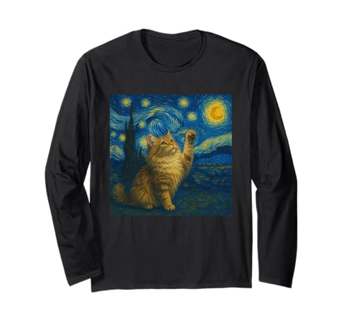 Sternennacht Katze Van Gogh Geschenk Maine Coon Katzen Mama Langarmshirt von Funny Black Cat Starry Night Van Gogh Cat Lovers