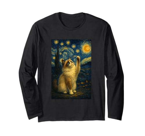 Sternennacht Katze Van Gogh Geschenk Ragdoll Katzen Mama Langarmshirt von Funny Black Cat Starry Night Van Gogh Cat Lovers