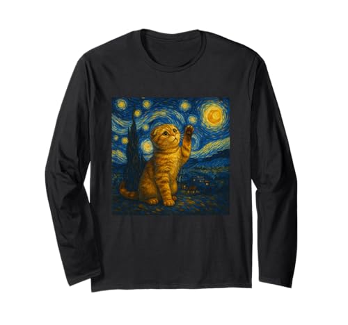 Sternennacht Katze Van Gogh Geschenk Scottish Fold Mama Langarmshirt von Funny Black Cat Starry Night Van Gogh Cat Lovers