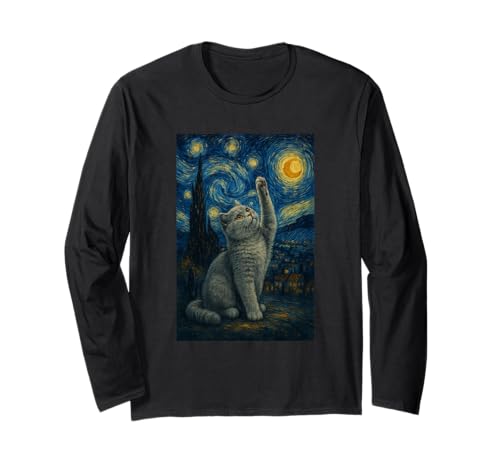 Sternennacht Katze Van Gogh Geschenk Scottish Fold Mama Langarmshirt von Funny Black Cat Starry Night Van Gogh Cat Lovers