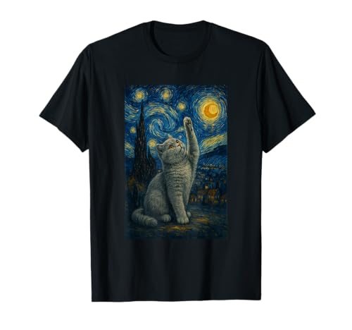 Sternennacht Katze Van Gogh Geschenk Scottish Fold Mama T-Shirt von Funny Black Cat Starry Night Van Gogh Cat Lovers
