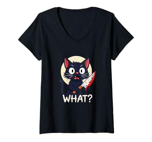 Damen Lustige Schwarze Katze What Meme - gruselig niedlich Horror Messer Witz T-Shirt mit V-Ausschnitt Damen Lustige Schwarze Katze What Meme - gruselig niedlich Horror Messer Witz T-Shirt mit V-Ausschnitt von Funny Black Cat What Meme – Creepy Cute Halloween