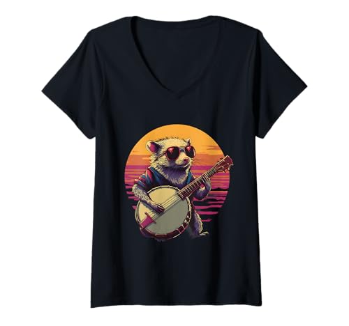 Damen Banjo Possum Bluegrass Banjospieler Opossum spielt Banjo T-Shirt mit V-Ausschnitt von Funny Bluegrass Banjo Lover Designs