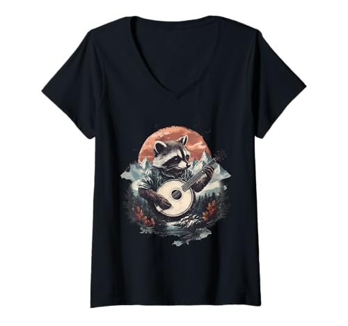 Damen Banjo Waschbär Bluegrass Banjospieler Waschbär spielt Banjo T-Shirt mit V-Ausschnitt von Funny Bluegrass Banjo Lover Designs