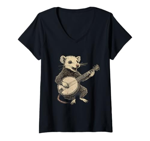 Damen Opossum spielt Banjo Possum Bluegrass Banjo Player T-Shirt mit V-Ausschnitt von Funny Bluegrass Banjo Lover Designs
