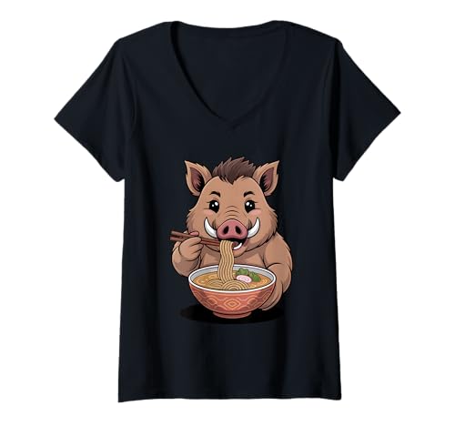 Damen Niedliches Wildschwein frisst Ramen japanische Kawaii-Tiernudeln T-Shirt mit V-Ausschnitt Damen Niedliches Wildschwein frisst Ramen japanische Kawaii-Tiernudeln T-Shirt mit V-Ausschnitt von Funny Boar Ramen Lover Apparel