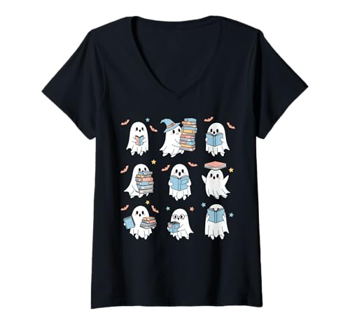 Damen Ghosts Books Bibliothekar Halloween Haunted Study Kostüm T-Shirt mit V-Ausschnitt Damen Ghosts Books Bibliothekar Halloween Haunted Study Kostüm T-Shirt mit V-Ausschnitt von Funny Book Enthusiast Bookworm Librarian