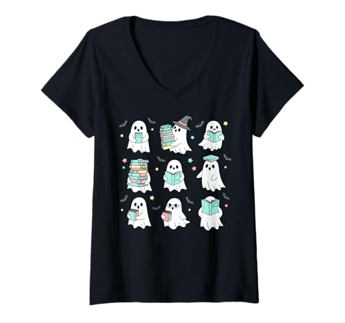 Damen Ghosts Books Bibliothekar Spukbibliothek Halloween Kostüm T-Shirt mit V-Ausschnitt Damen Ghosts Books Bibliothekar Spukbibliothek Halloween Kostüm T-Shirt mit V-Ausschnitt von Funny Book Enthusiast Bookworm Librarian