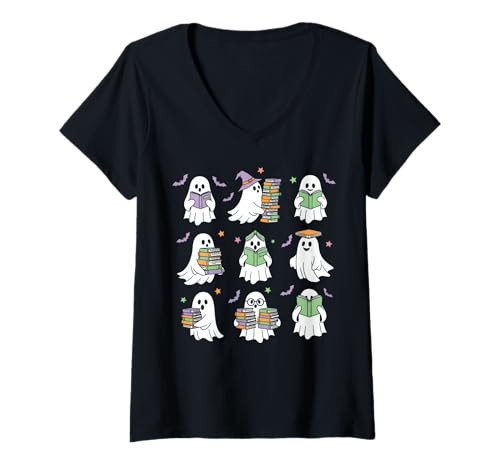 Damen Ghosts Books Bibliothekarin Lesestimmung Halloween Party Kostüm T-Shirt mit V-Ausschnitt Damen Ghosts Books Bibliothekarin Lesestimmung Halloween Party Kostüm T-Shirt mit V-Ausschnitt von Funny Book Enthusiast Bookworm Librarian