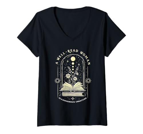 Damen A Well Read Woman Magical Celestial Book Lover Empowerment T-Shirt mit V-Ausschnitt von Funny Book Enthusiast Bookworm Story Lovers