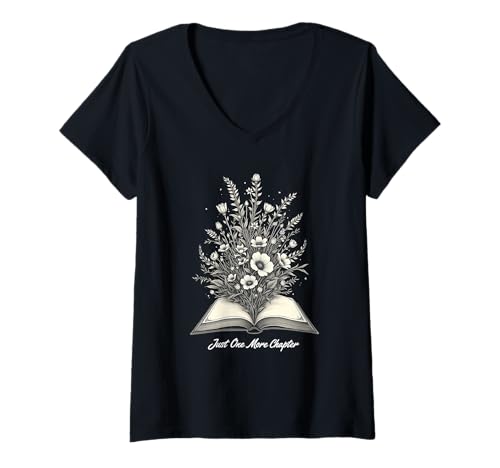 Damen Aufwendiges Blumen- und Buchdesign von Just One More Chapter T-Shirt mit V-Ausschnitt von Funny Book Enthusiast Bookworm Story Lovers