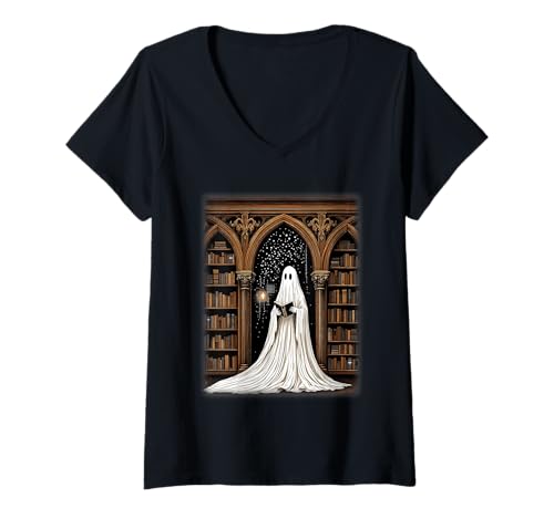 Damen Bibliothekar Ghost in Gothic Library Gruselige Halloween-Atmosphäre T-Shirt mit V-Ausschnitt von Funny Book Enthusiast Bookworm Story Lovers