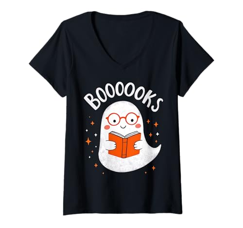 Damen Booooks Lustiges Nerdy Ghost Cute Bookworm Halloween Kostüm T-Shirt mit V-Ausschnitt von Funny Book Enthusiast Bookworm Story Lovers