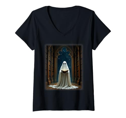 Damen Buch Lover Ghost in Gothic Library Mysterious Halloween Vibe T-Shirt mit V-Ausschnitt von Funny Book Enthusiast Bookworm Story Lovers