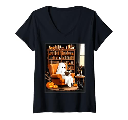 Damen Buchliebhaber Halloween Ghost Cozy Reading Library Bookworm T-Shirt mit V-Ausschnitt von Funny Book Enthusiast Bookworm Story Lovers