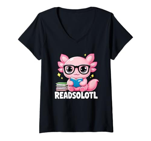 Damen Buchliebhaber Readsolotl Axolotl Quirky Reading Funny Bookworm T-Shirt mit V-Ausschnitt von Funny Book Enthusiast Bookworm Story Lovers