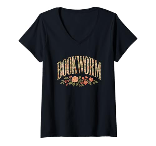 Damen Buchwurm zartes Typografie-Design mit Blumenmuster T-Shirt mit V-Ausschnitt von Funny Book Enthusiast Bookworm Story Lovers