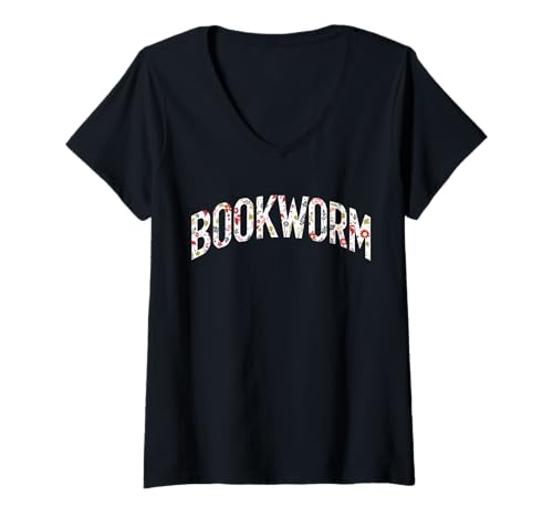 Damen Bücherwurm Blume gefüllt Text Grafik Kunst T-Shirt mit V-Ausschnitt von Funny Book Enthusiast Bookworm Story Lovers