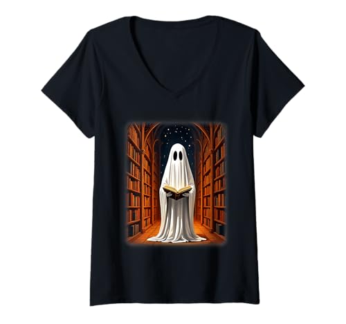 Damen Bücherwurm Ghost in Gothic Library Mysterious Halloween Vibe T-Shirt mit V-Ausschnitt von Funny Book Enthusiast Bookworm Story Lovers