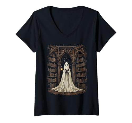 Damen Bücherwurm Ghost in Gothic Library Spooky Halloween Vibe T-Shirt mit V-Ausschnitt von Funny Book Enthusiast Bookworm Story Lovers