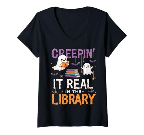 Damen Creepin It Real in The Library Gruseliger Buchliebhaber Halloween T-Shirt mit V-Ausschnitt von Funny Book Enthusiast Bookworm Story Lovers