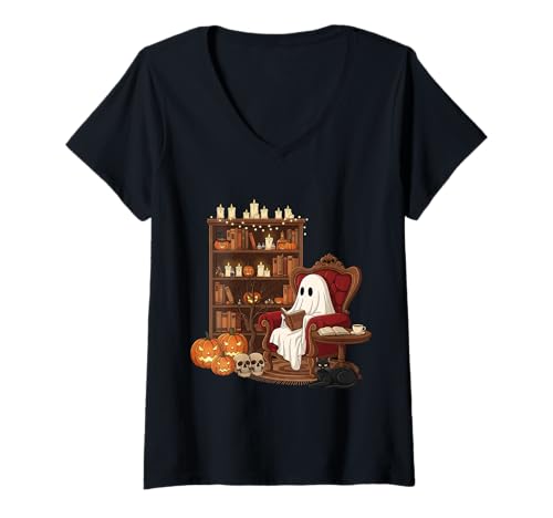 Damen Ghost Cosy Reading Bookworm Library Warmes Halloween T-Shirt mit V-Ausschnitt von Funny Book Enthusiast Bookworm Story Lovers