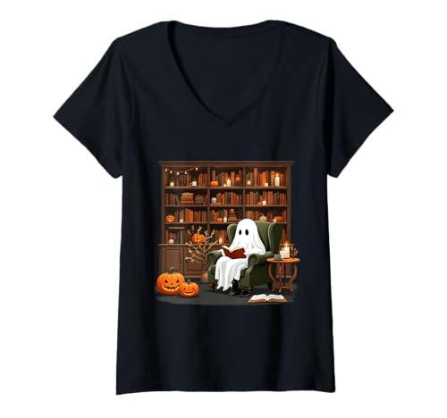 Damen Ghost Cozy Reading Library Warmes, einladendes, gruseliges Halloween T-Shirt mit V-Ausschnitt von Funny Book Enthusiast Bookworm Story Lovers